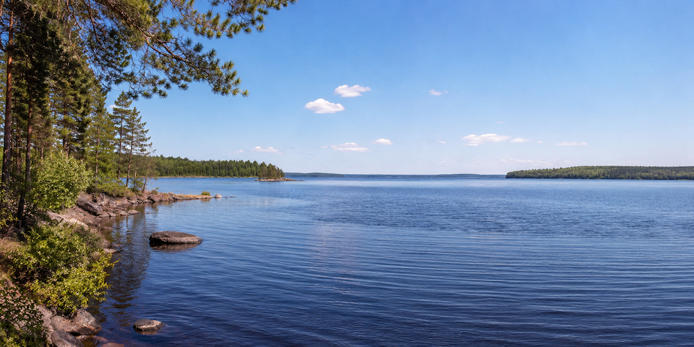 Сямозеро — каменистый берег поросший хвойным лесом и водная гладь